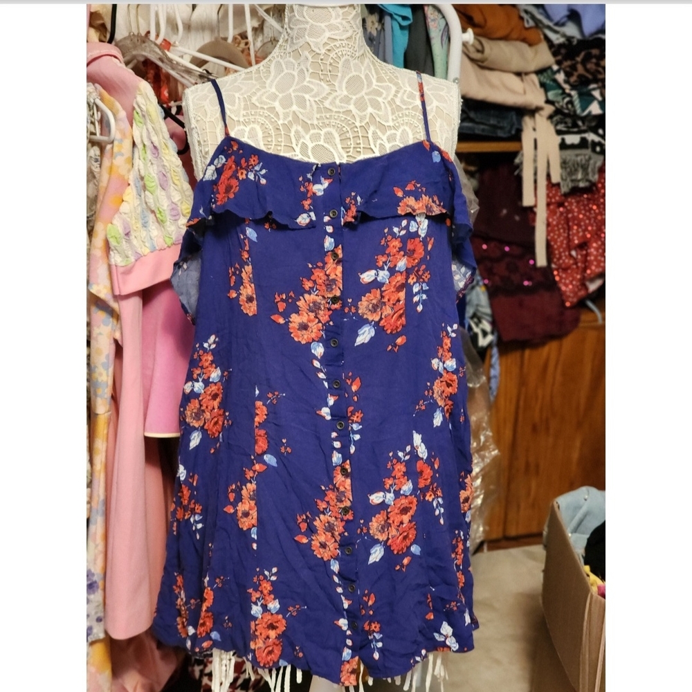 Royal Blue & Coral Floral Ruffle Button-Front Dress
